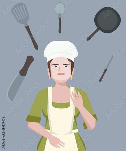 chef juggling with cookware vector cartoon