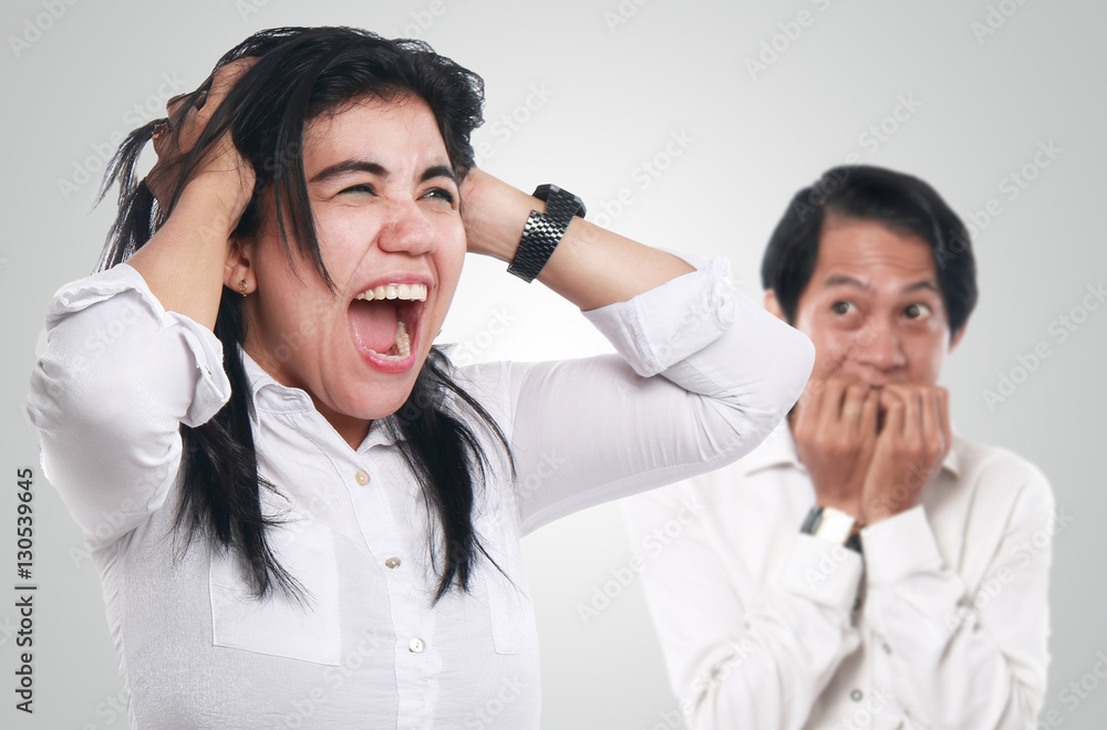 Mad Asian Businesswoman and Scared Man Mad Asian Businesswoman and Scared Man