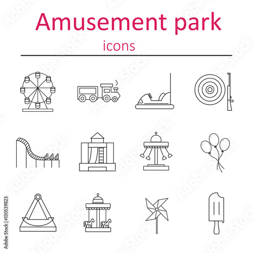 Elements of the city. Icons amusement park in the style of outlines. Vector illustration.
