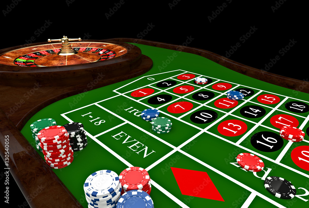 roulette and game table with different color god chips, dice and nobody around. concept of fun and gambling. nobody around. roulette and game table with different color god chips, dice and nobody around. concept of fun and gambling. nobody around.