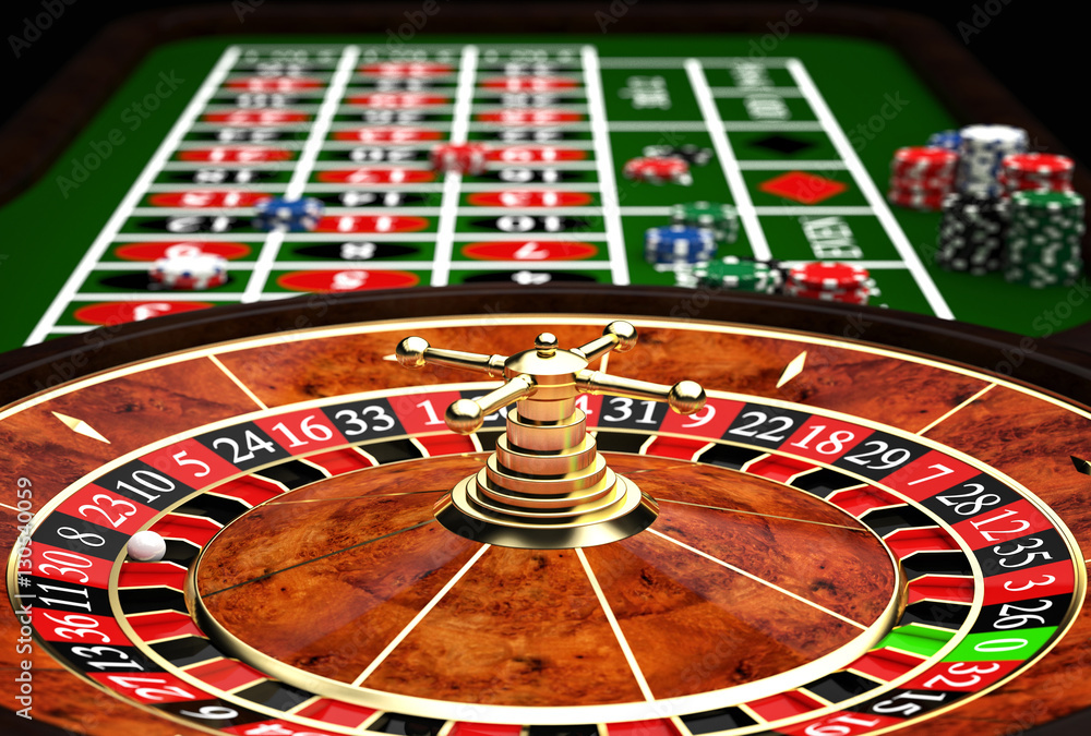 Fototapeta premium roulette and game table with different color god chips, dice and nobody around. concept of fun and gambling. nobody around.