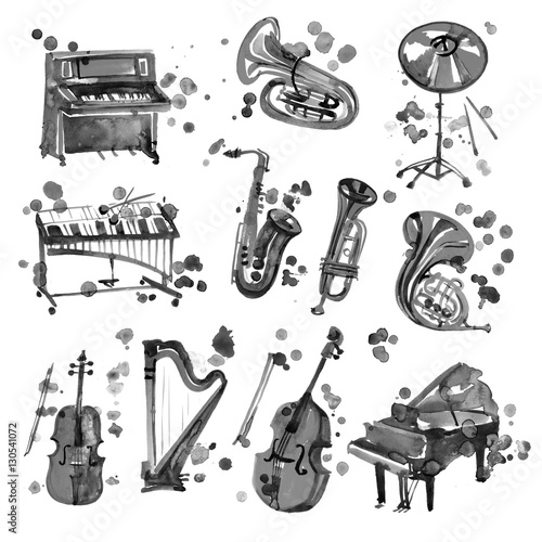Photography Cute watercolor black musical instruments including piano, violin, saxophone, dr