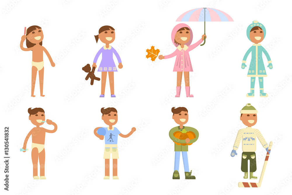 Set with babies. Different weather. Flat design, boy and girl in apparel of various seasons. Cartoon characters, illustration vector eps10