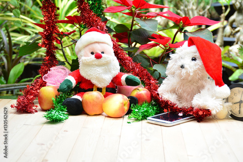 Santa claus, white dog doll, apples and smart phone on Christmas day.
