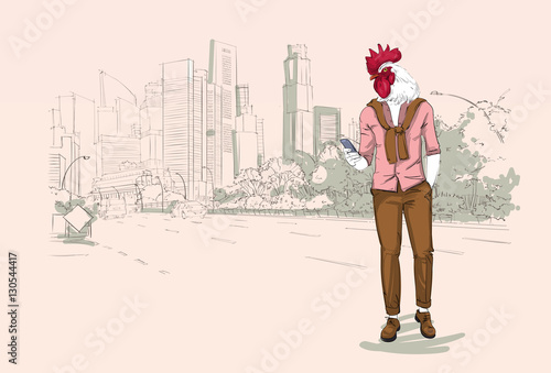 Cartoon Rooster Hipster Using Cell Phone Chatting Over Modent City Skyscraper Traditional Asian 2017 New Year Symbol Vector Illustration photo