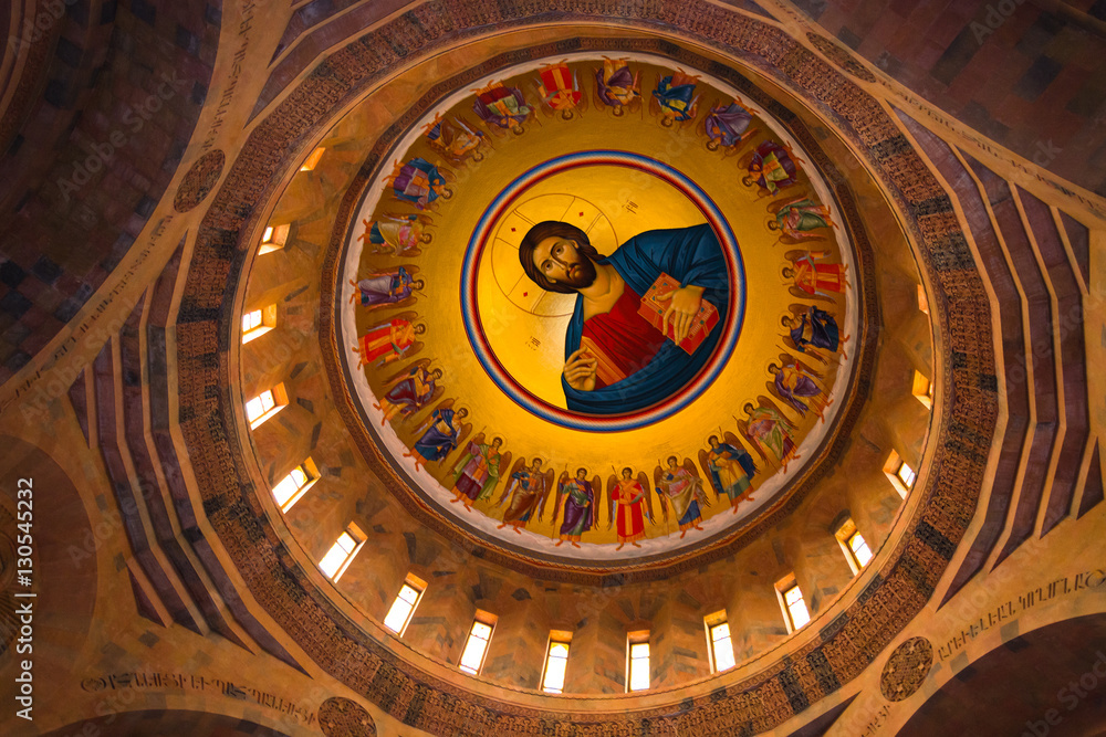 Obraz premium ABOVIAN, ARMENIA – AUGUST 20: Frescoes of Surb Hovhannes Church (St. John the Baptist Church) on AUGUST 20, 2014 in Abovian. The authors of the frescoes are father and son Abraham and Hayk Azaryans.