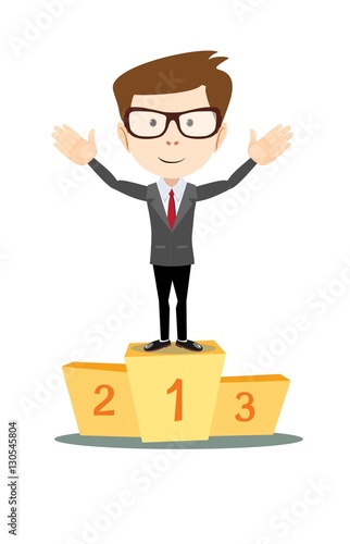 Businessman proudly standing on the winning podium