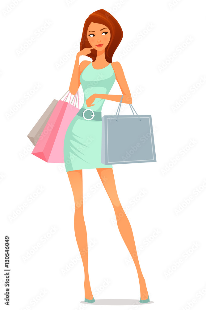 beautiful cartoon girl in summer dress, shopping beautiful cartoon girl in summer dress, shopping