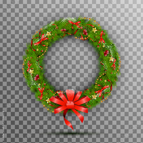 Christmas Wreath with red bow and ribbon, star, berry. Decorated wreath of pine branches isolated on transparent background. Vector illustration.