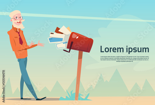 Senior Man Getting Letter From Full Mail Box Post Service Flat Vector Illustration