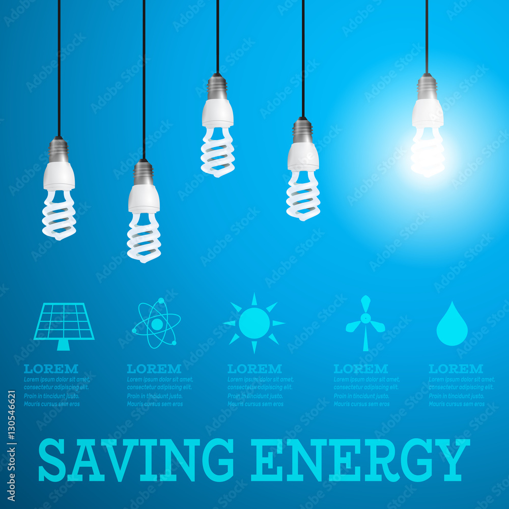 Renewable energy infographic.Lightbulbs on wires with Alternative energy resources logos-solar panel,fusion power,solar electricity,wind turbine,hydro energy.Luminous bulb on blue Luminous background