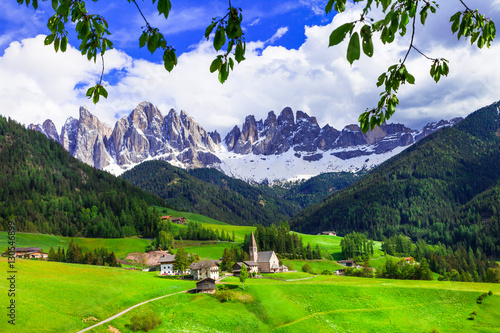 breathtaking Alpine scenery - beautiful small village in val di Funes on Dolomites. Italy