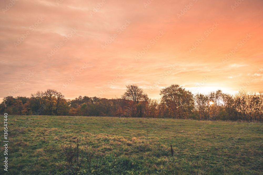 Countryside sunset with orange colors in the sky