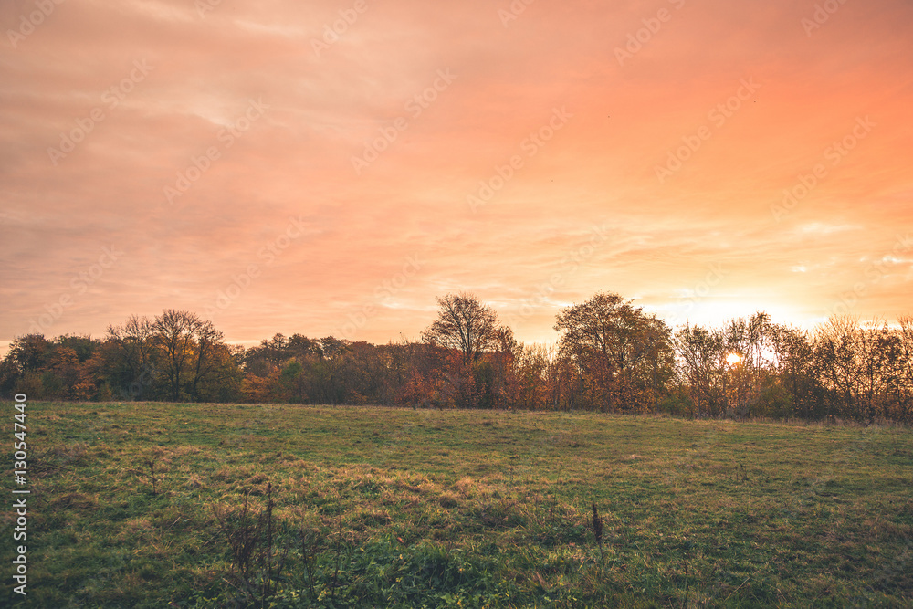 Obraz premium Countryside sunset with orange colors in the sky