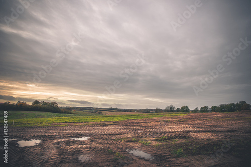 Landscape with wheel tracks on a muddy field