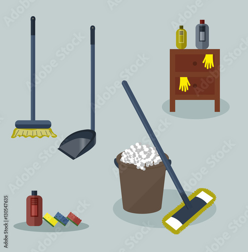 Tools for housekeeping: a brown bucket with soapy foam, MOP with dark blue handle and cloth and bottle of detergent. Brown bedside table. Brush and dustpan. Colorful sponges.Vector illustration 