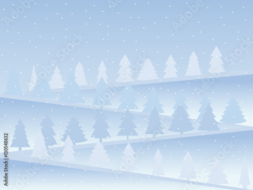 Snow-covered mountains with Christmas trees. Snow landscape in flat style. Vector illustration.