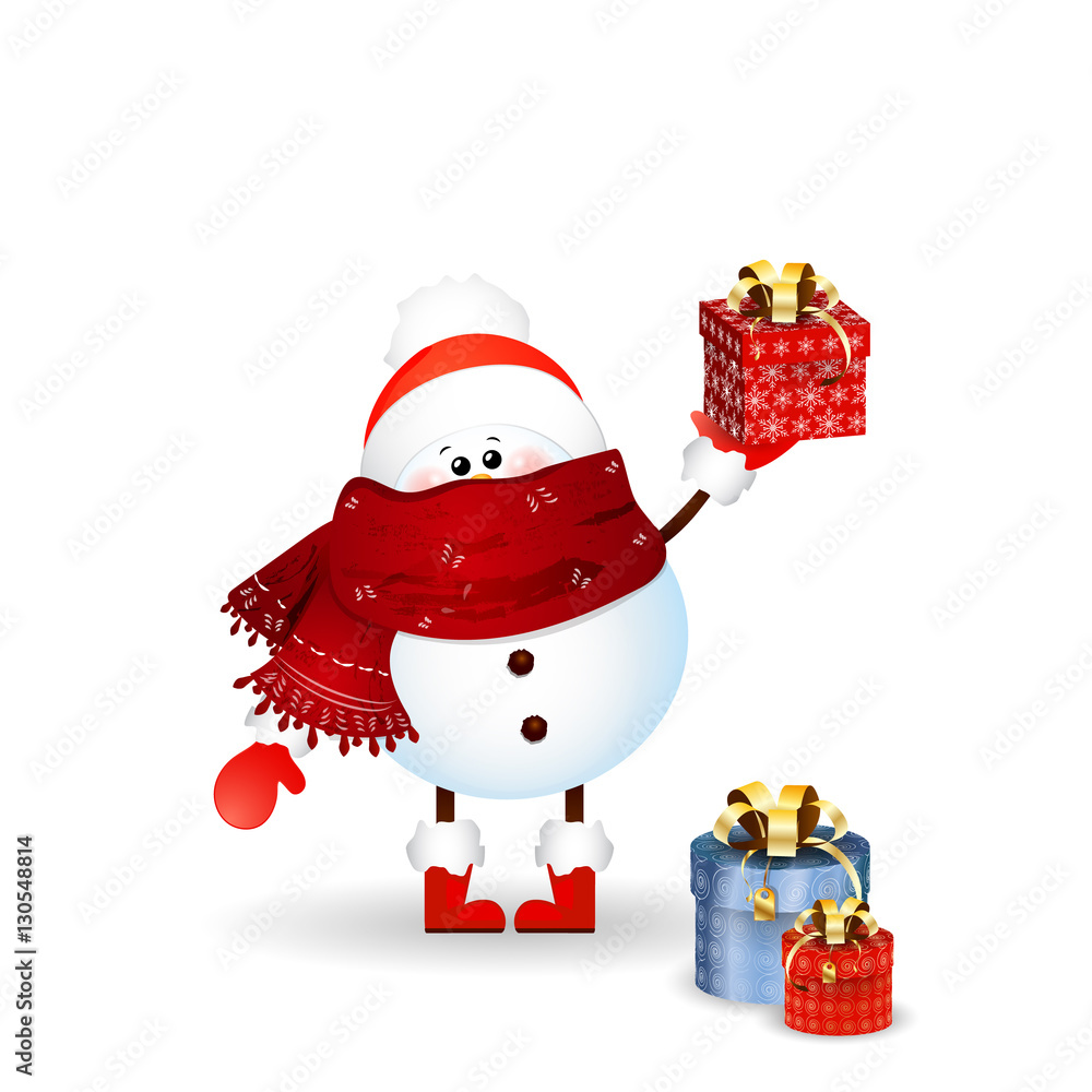 Cute snowman holding a gift box isolated on white background. Vector illustration Cute snowman holding a gift box isolated on white background. Vector illustration