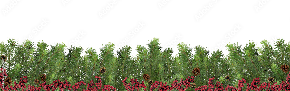 Wide festive pattern. Christmas tree, cones and red berries. Iso Wide festive pattern. Christmas tree, cones and red berries. Iso