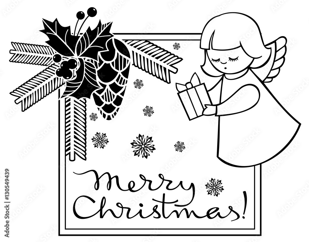 Black and white Christmas label with angels Stock Vector | Adobe Stock