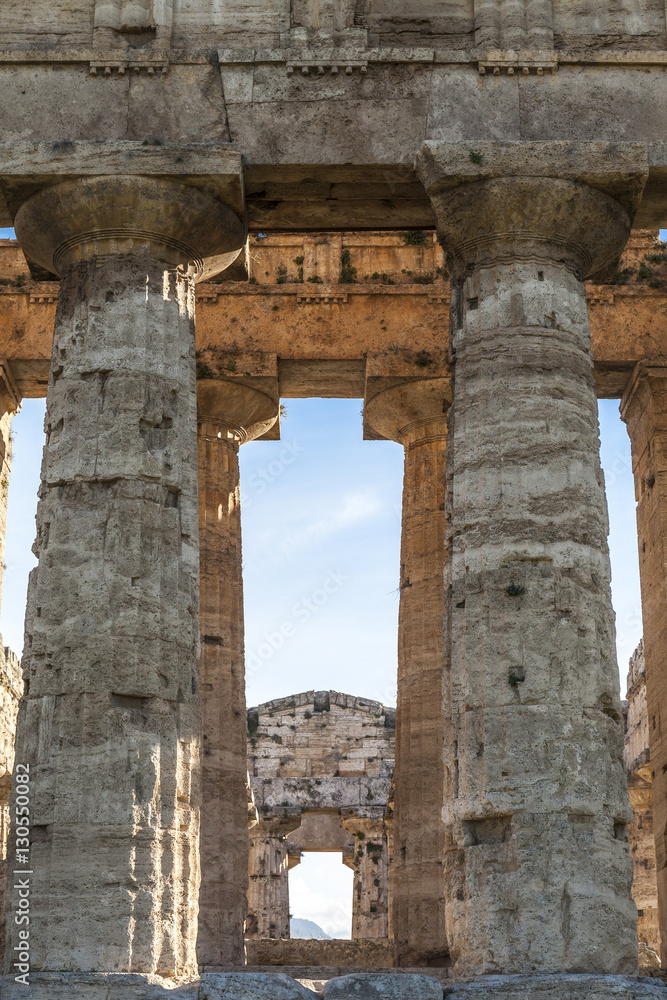 Internal view of greek Neptune temple in Paestum, Salerno Italy