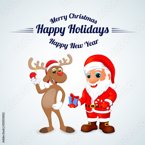 funny happy cartoon Christmas Reindeer with Santa Claus