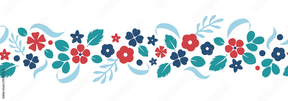 Vector flat flowers and berries background, creative color pattern. - obrazy, fototapety, plakaty 