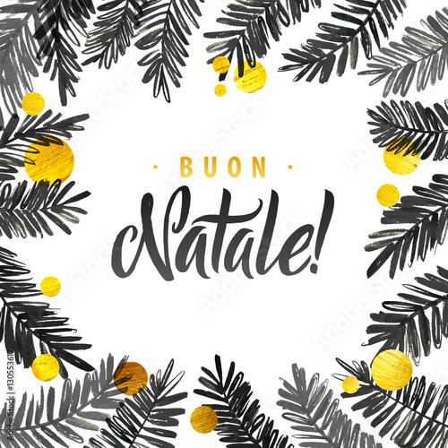 Wallpaper Mural Merry Christmas Black and Gold Card. Golden Shiny Glitter and Watercolor Tree Branches. Calligraphy Greeting Poster Tamplate. Isolated White Background. Glowing Illustration Torontodigital.ca