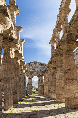 Internal view of greek Neptune temple in Paestum, Salerno Italy