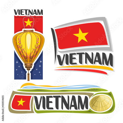 Vector logo Vietnam, 3 isolated images: vertical banner traditional paper lantern with plum blossom on background vietnamese national state flag, conical hat non la, republic of vietnam ensign flags.