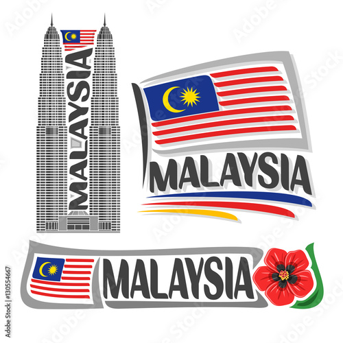 Vector logo Malaysia, 3 isolated images: vertical banner skyline petronas twin towers on malaysian national state flag, symbol of malaysia red hibiscus flower, malay ensign flags jalur gemilang.
