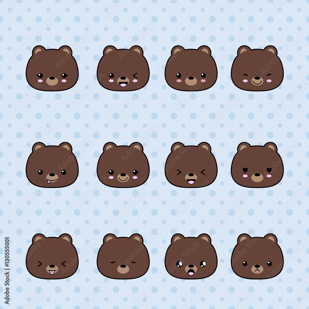 Fototapeta premium Set of Cartoon bear stickers. Funny and kawaii smiles, emoji, expressions, emoticons. Vector illustration.