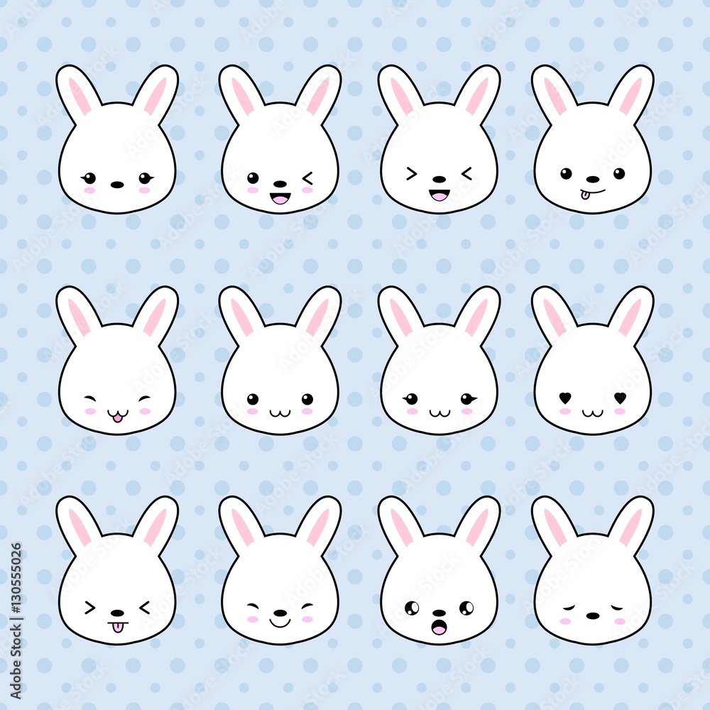 Set of Cartoon bunny stickers. Funny and kawaii smiles, emoji, expressions, emoticons. Vector illustration.