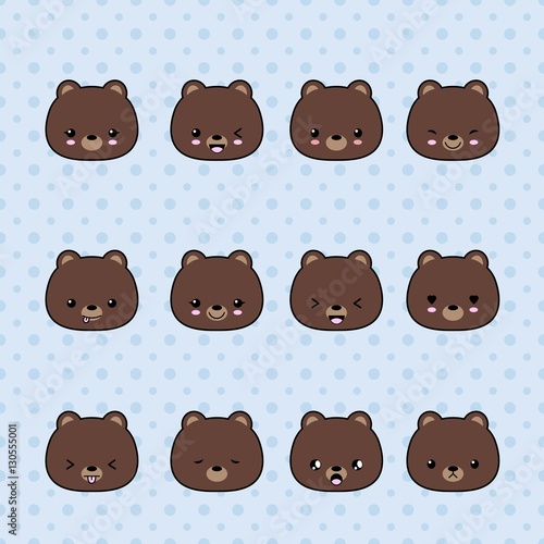 Set of Cartoon bear stickers. Funny and kawaii smiles, emoji, expressions, emoticons. Vector illustration.