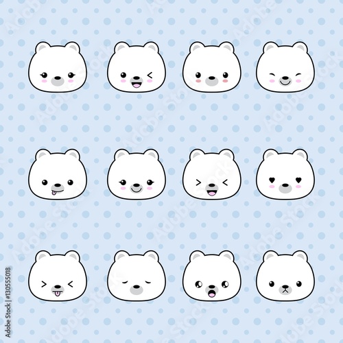 Set of Cartoon polar bear stickers. Funny and kawaii smiles, emoji, expressions, emoticons. Vector illustration.