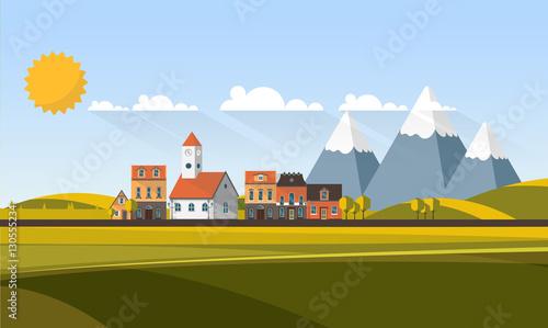Flat Design Village Abstract Landscape. Vector Illustration.

