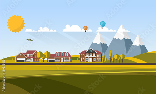 Flat Design Village Abstract Landscape. Vector Illustration.

