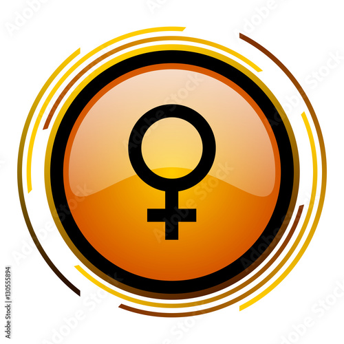 Female gender sign vector icon. Modern design round orange button isolated on white square background for web and application designers in eps10.