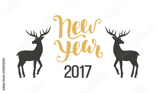 Happy New Year greeting card withhand drawn silhouettes of deers photo