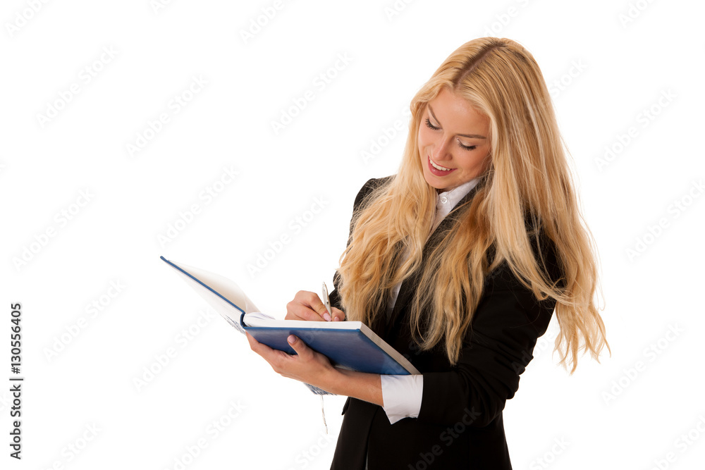 business woman writing notes in her notebook isolated over white business woman writing notes in her notebook isolated over white