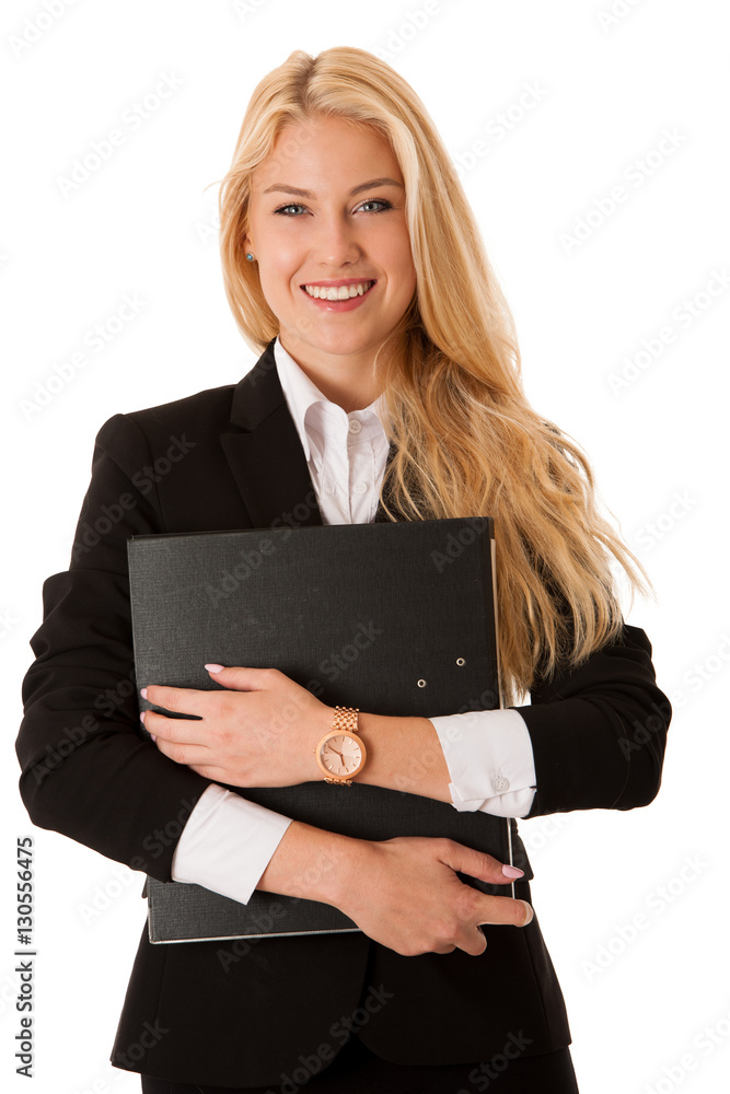 Beautiful business woman holdinh file folder isolated over white Beautiful business woman holdinh file folder isolated over white