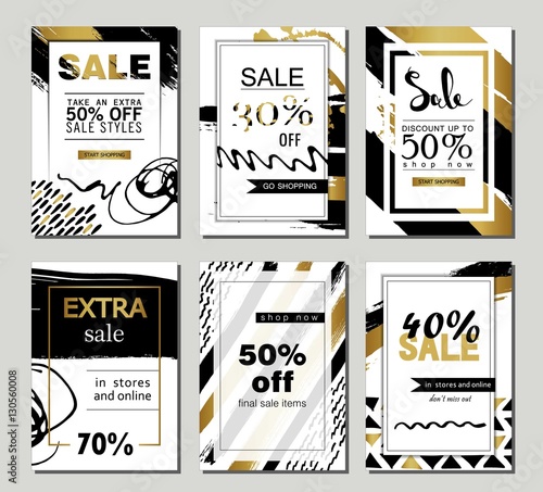 Set of social media sale website and mobile banner templates with golden texture. Vector banners posters flyers email newsletter ads promotional material. Typography discount card design