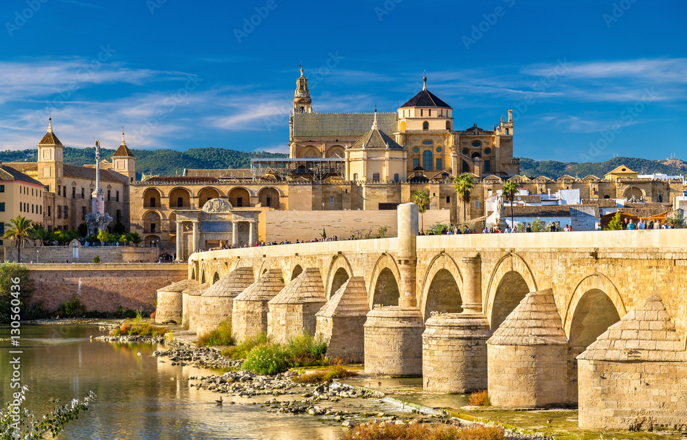 Roman Bridge across the Guadalquivir river and Mosque-Cathedral in Cordoba, Spain