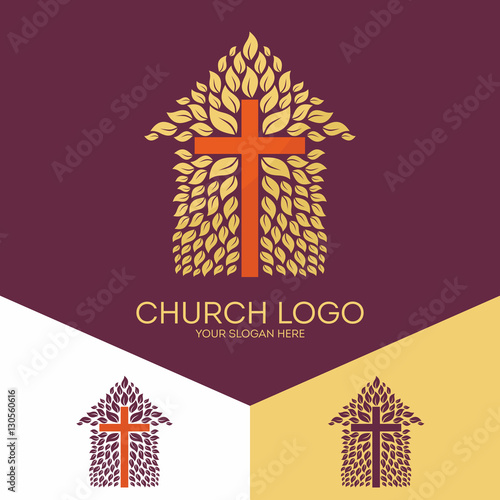 Church logo. Christian symbols. The cross of Jesus Christ and the church blooming