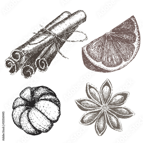 Set of Christmas decoration with orange, cinnamon and star anise.