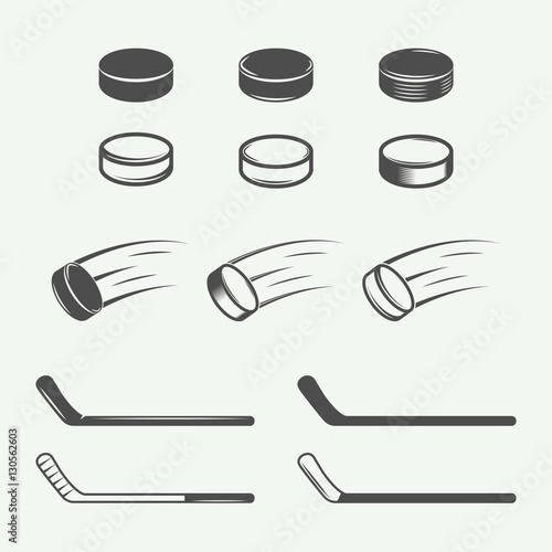 Set of vintage hockey elements in retro style. 