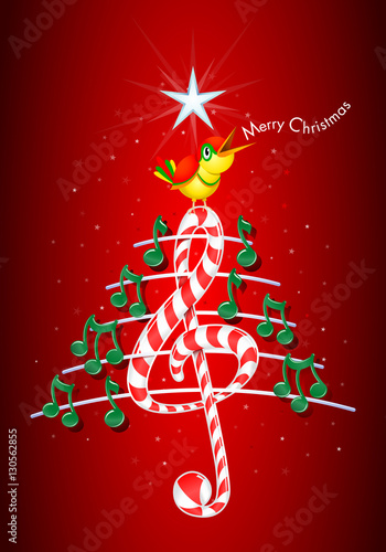 Christmas tree made of green musical notes, candy bar shaped treble clef and pentagram with yellow bird singing and title: MERRY CHRISTMAS on red background with stars  - Vector image