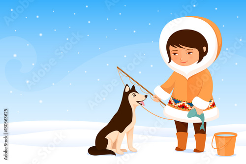 illustration of a cute small Inuit girl and her dog