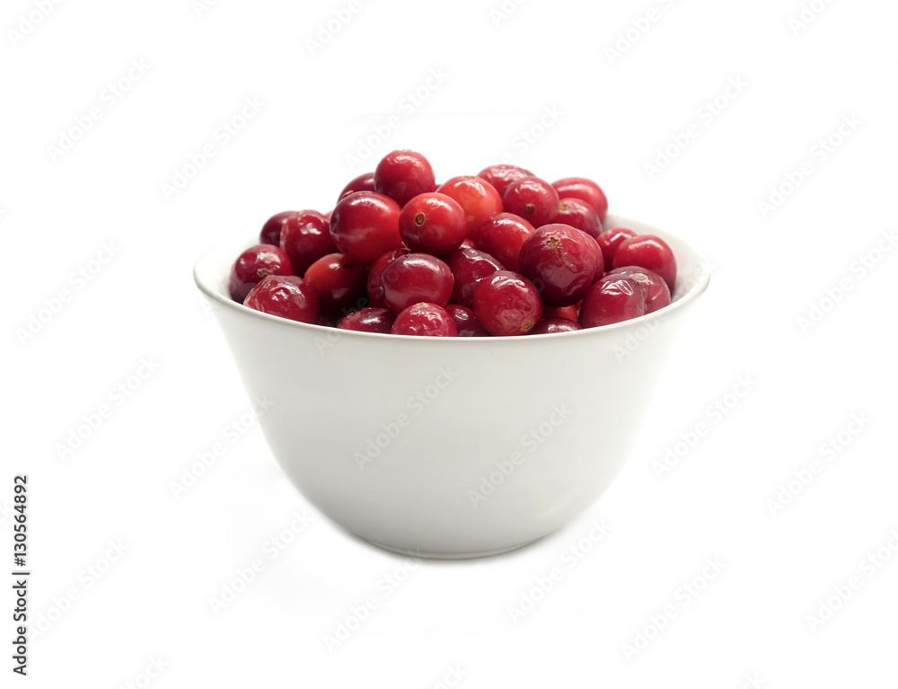 Ripe cranberries in round white bowl isolated on white background indoor front view close up Ripe cranberries in round white bowl isolated on white background indoor front view close up