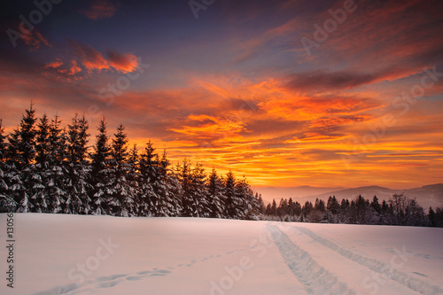 Winter sunset in the Polish beskid mountains.This photo was shouted in 2016 year on stecówka mountain. © Zbigniew